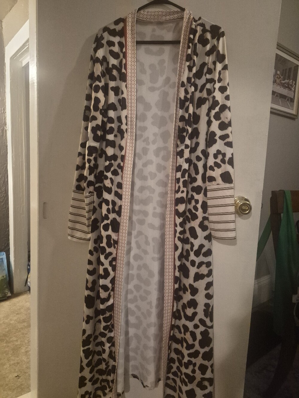 Cream & Black Leopard Long Robe Cardigan with Striped Cuffs